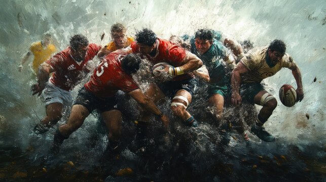 Rugby Players in a Dynamic Scrum, Surrounded by a Watery Explosion
