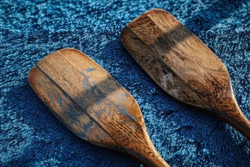 Wooden Oars on Blue Fabric