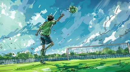 Storyboard-style sketch, with a classic and relaxed style of a soccer player performing headers in stadium field