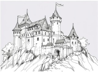 Detailed Pen and Ink and Pencil Sketch of a Majestic Castle