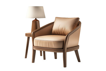 Fototapeta premium Comfortable armchair with wooden frame and lamp