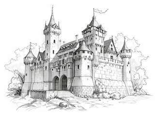 Fototapeta premium Detailed Pen and Ink and Pencil Sketch of a Majestic Castle