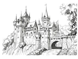 Obraz premium Detailed Pen and Ink and Pencil Sketch of a Majestic Castle