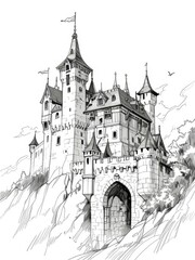 Obraz premium Detailed Pen and Ink and Pencil Sketch of a Majestic Castle