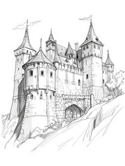 Detailed Pen and Ink and Pencil Sketch of a Majestic Castle