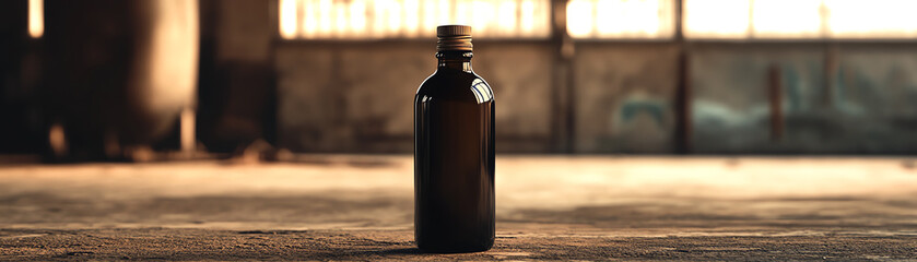 Vintage dark glass bottle with a cork stopper standing on a rustic wooden surface in an old...