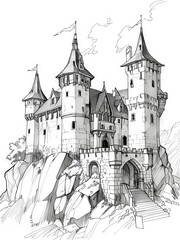 Fototapeta premium Detailed Pen and Ink and Pencil Sketch of a Majestic Castle