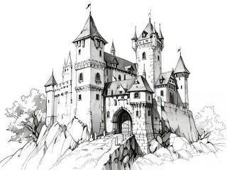 Obraz premium Detailed Pen and Ink and Pencil Sketch of a Majestic Castle