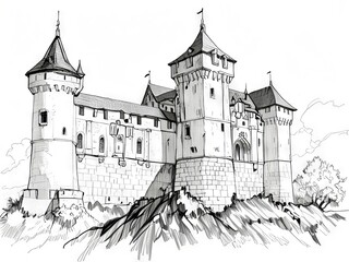 Obraz premium Detailed Pen and Ink and Pencil Sketch of a Majestic Castle