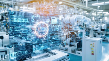 Futuristic Technology  Hologram Interface  Modern Factory  Automation  Industry      Digital Transformation  Innovation  Smart Manufacturing
