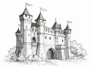Obraz premium Detailed Pen and Ink and Pencil Sketch of a Majestic Castle