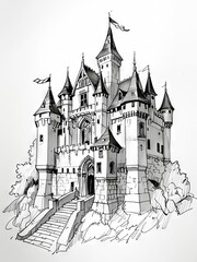 Obraz premium Detailed Pen and Ink and Pencil Sketch of a Majestic Castle