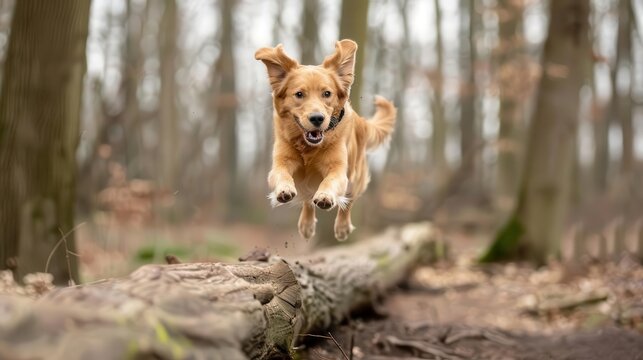 Dog jumping over a log in a forest, adventure trail, energetic and lively