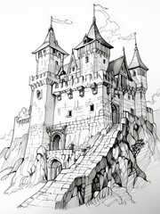 Obraz premium Detailed Pen and Ink and Pencil Sketch of a Majestic Castle