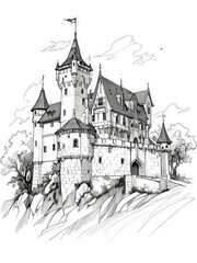 Obraz premium Detailed Pen and Ink and Pencil Sketch of a Majestic Castle