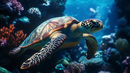 Fototapeta premium A sea turtle swims through a vibrant coral reef, showcasing its intricate shell and the beauty of the underwater world.