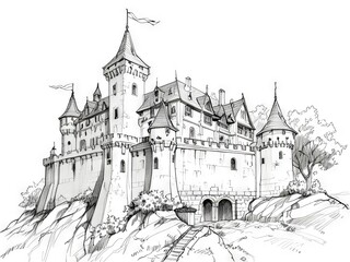 Obraz premium Detailed Pen and Ink and Pencil Sketch of a Majestic Castle