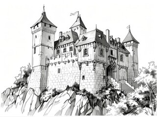 Obraz premium Detailed Pen and Ink and Pencil Sketch of a Majestic Castle