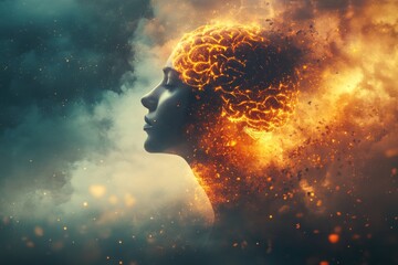 Silhouette of a womans head engulfed in fiery flames symbolizing the intense energy passion and transformative power of thoughts and ideas