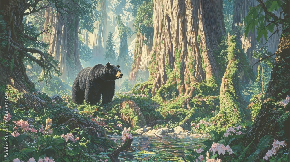 Canvas Prints Black Bear in a Lush Forest with a Stream and Flowers