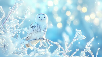 Snowy Owl Perched on Frozen Branch with Blurry Blue Background