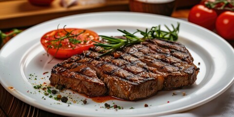 Grilled steak served on a light-colored plate accompanied by fresh tomatoes, ready for final presentation.