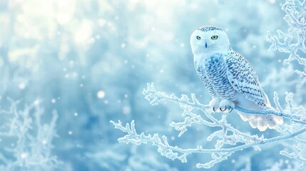 Snowy Owl Perched on Frosted Branch in Winter Wonderland