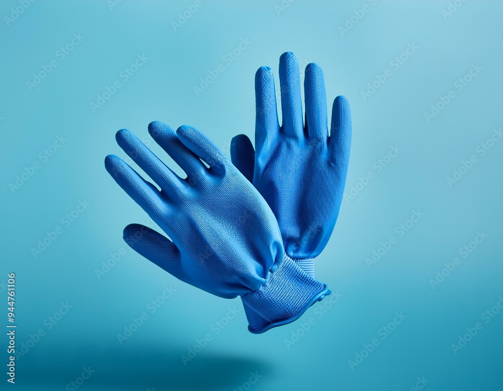 Wall mural Mock up blue gloves floating on the studio background