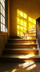 Obraz premium Sunlight Streaming Through a Window onto Wooden Stairs and a Yellow Wall
