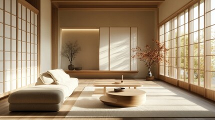 Minimalist Japanese Living Room with Wooden Accents and Natural Light