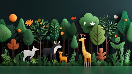 An illustration of a forest's food chain that demonstrates plants, predators, and prey in a healthy ecosystem