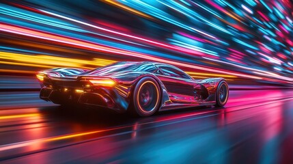 Fototapeta premium Futuristic Sports Car in Neon City Lights Speed and Motion