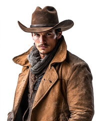 Fototapeta premium Portrait of a Young and Handsome Cowboy in 1900s Clothing Vintage Western Style