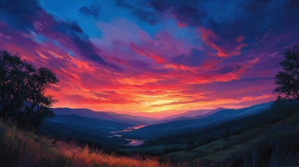 Fototapeta premium Mountain Range Silhouetted Against a Vibrant Sunset