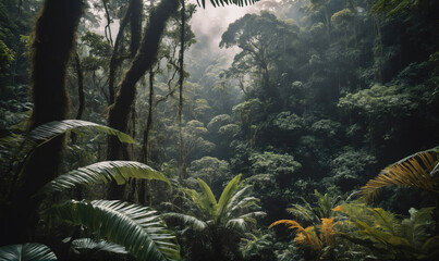 A misty rainforest in the early morning hours, with light filtering through the dense canopy