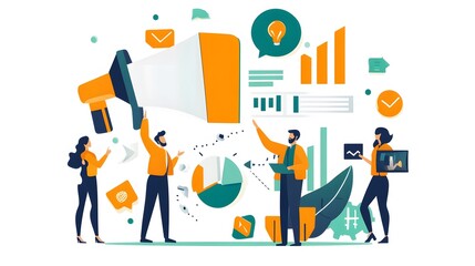 Business Team Collaborating on Marketing Strategy with a Large Megaphone