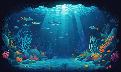Sunlight streams through an underwater cave, illuminating colorful coral and fish