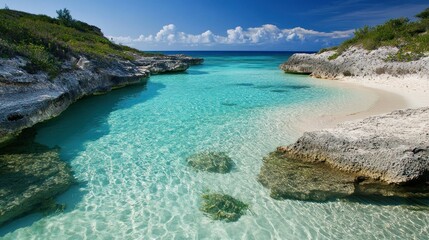 Fototapeta premium Tranquil Turquoise Lagoon with Rocky Shores and Lush Greenery