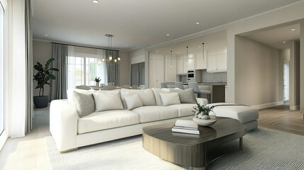 Modern Living Room with White Sofa and Wooden Coffee Table