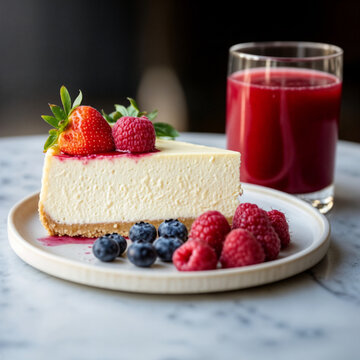 A slice of cheesecake with strawberries, blueberries and raspberries on top of a white plate