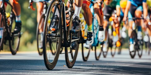 Bicycle race. Many people on bicycles participate in a bicycle race. Cycling competition, cyclist athletes riding a race at high speed. Sports and active lifestyle