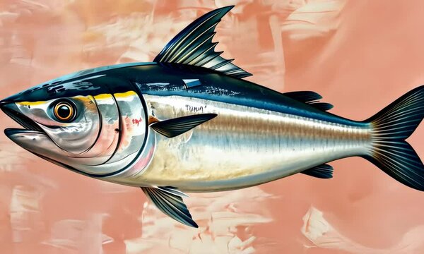 An artistic rendition of a tuna fish over an abstract peach-toned background, blending nature and art
