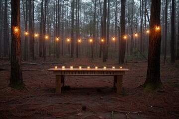 A candlelit table with string lights in a misty forest at dusk