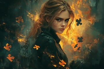 Fototapeta premium Conceptual portrait of a woman surrounded by falling puzzle pieces symbolizing the process of self discovery emotional challenges and the reassembly of one’s identity