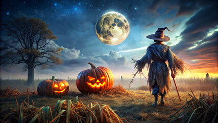 Spooky Scarecrow With Jack-O'-Lanterns Under A Full Moon