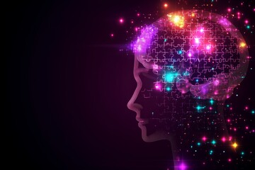 Fototapeta premium Futuristic silhouette of a woman with glowing neural connections representing the flow of ideas creativity and the power of cognitive processes in a digital age