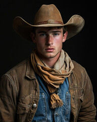 Portrait of a Young and Handsome Cowboy in 1900s Clothing Vintage Western Style