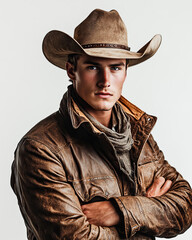 Fototapeta premium Portrait of a Young and Handsome Cowboy in 1900s Clothing Vintage Western Style