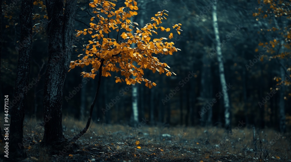 Sticker A solitary golden tree stands out in a dark forest during autumn, surrounded by a tranquil atmosphere and fading light