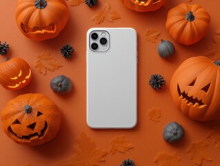Spooky Halloween White Phone Case Mockup with Eerie Decorations Isolated on Dark Background